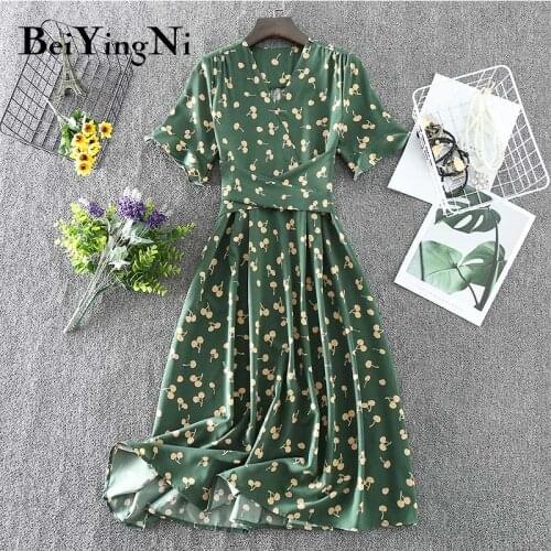 Beiyingni Summer Chiffon Women Dresses Heart Floral Print Sashes Short Sleeve Vintage V-neck Midi Dress Ladies Plus Size Vestido