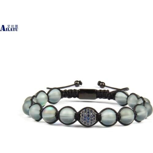 Ailatu New Couples Bracelet with 8mm White and Grey Flash Beads & Blue Micro Pave Cz Ball Jewelry Top Quality Stainless Steel