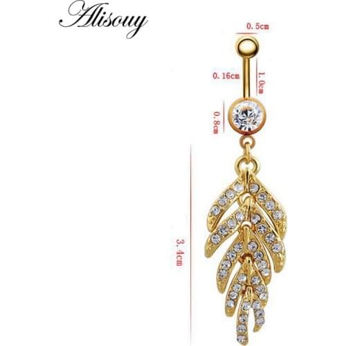 Alisouy 1PC Women Sexy Leaf Feather dangle belly button rings stainless steel navel piercings fashion body jewelry 2 Colors Gold