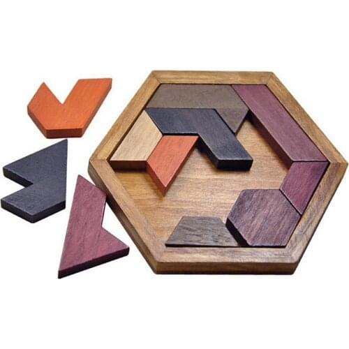 Wooden Tangram Jigsaw Childrens Variety Fun Puzzle Hexagonal Creative Jigsaw Intelligence Development Puzzle Childrens Toys