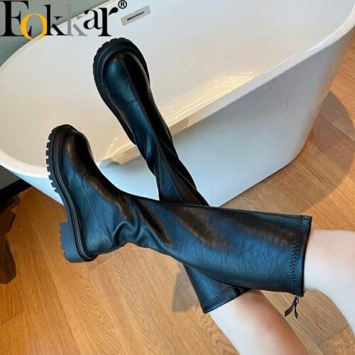Eokkar 2021 Winter Shoes Women Black Sexy Knee High Boots Round Toe All Match White Office Ladies Boots Square Heels Shoes