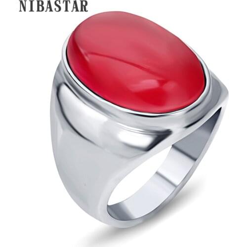 Top Fashion Stainless Steel Pretty White/Red Brown Opal Rings For Men Oval Shape Charm Ladies Stone Jewelry Size 7-12