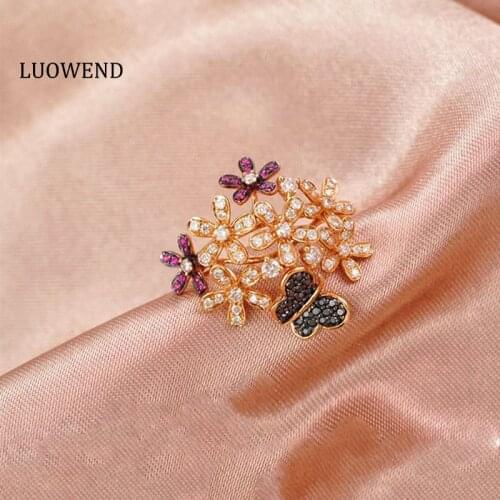 LUOWEND 100% Real 18k Solid Rose Gold Ring Flower Butterfly Shape Rings Real Natural Diamond and Gemstone Setting Customize