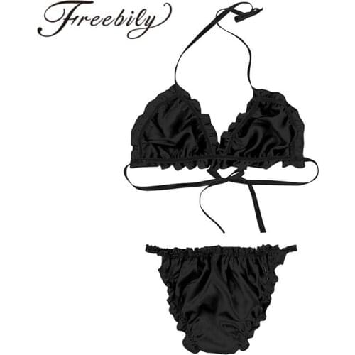 FREEBILY Hot 2PCS Men Exotic Underwear Men Shiny Lingerie Set Sexy Gay Bikini Bra Top with Briefs Underwear Men Sexy Beachwear