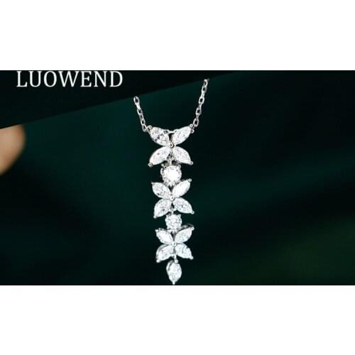 LUOWEND 18K White Gold Pendant Necklace 0.90ct Natural Diamond Necklace Proposal Wedding Anniversary Jewelry Gift Elegan Desgin