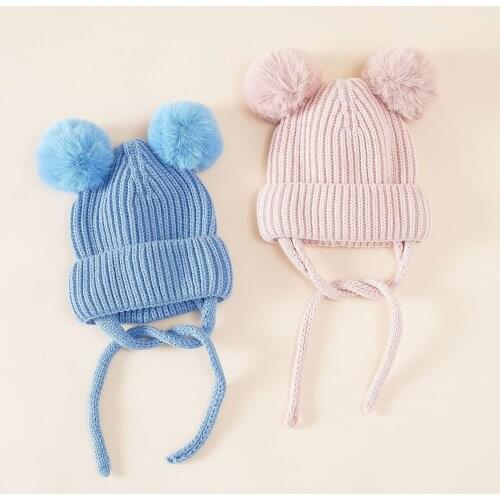 Toddler Infant Boys Girls Cute Solid color Hats Earflaps Fleece Knit Beanie Kids Winter Warm Hat With Pom-Pom 2021 Gift