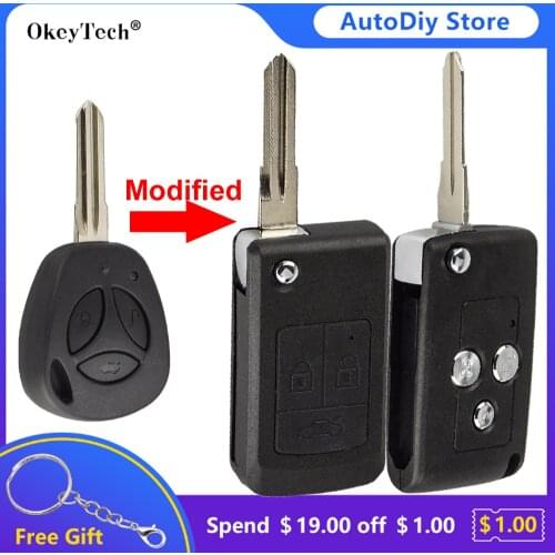 Okeytech Modified Remote Car Key Shell Fob For Lada Replacement Flip Key For LADA Case Cover 3 Buttons With Keyring Uncut Blade