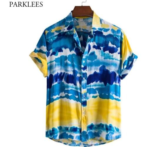 Mens Funky Colorful Holiday Aloha Hawaiian Shirt Short Sleeve Casual Button Down Beach Wear for Men Party Outfit Clothing M-4XL