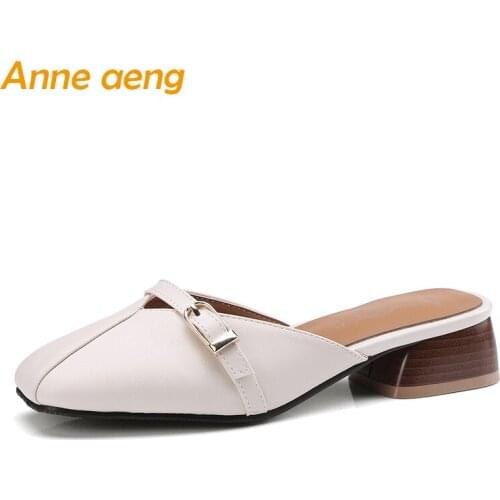 Women slippers block heel shoes square toe sweet elegant ladies Mules outside shoes beige black women shoes big size 33-46