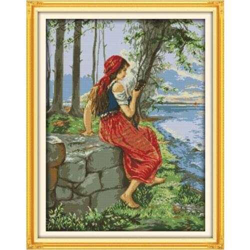 Watching the sea (3) cross stitch kit people 18ct 14ct 11ct count print canvas stitches embroidery DIY handmade needlework