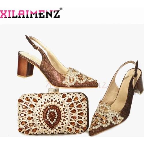 Latest African Women Shoes and Bag in Coffee Color Mature Lady Shoes Matching Bag with Evening Dress for Party