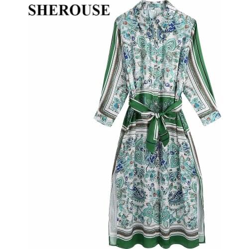 2021 New Summer Women Printed Dress Sashes Shirt Style Midi Dresses Chic Lady Casual Fashion Women Clothes