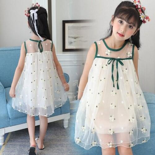 Girl summer new lace dress Girl Fashion Bow Dress Girl embroidery lace sleeveless dress Girl simple big dress