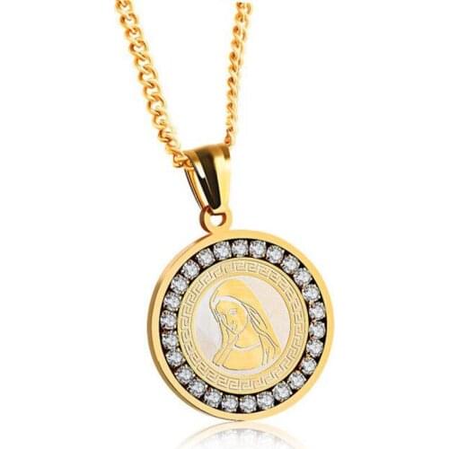 Catholicism Santa Maria round shape pendant necklace stainless steel link chain gold color necklace for men and women