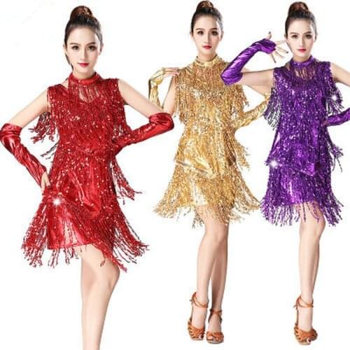 Women Latin Dance Dresses Tassel Sequins Dress Beautiful Dresses with Fringe Samba Rumba Performance Adult dancing Costume