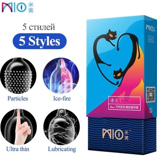 MIO Smooth Particle Condom 5 Styles G Spot Ultra Thin Lubricant Natural Latex Ice Fire Stimulation Penis Sleeve Sex Toys for Men