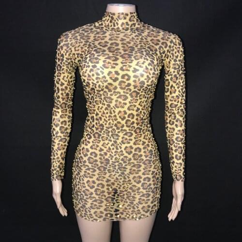 Sexy Mesh Gold Rhinestones Leopard Printed MINI Dress Birthday Celebrate Stretch Dress Female Singer Show Cosplay Costume
