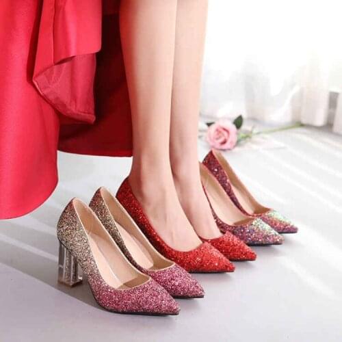 Bridal shoes womens pointed thick heel crystal high heel single shoes sequins silver Bridesmaid Wedding dress and party shoekj