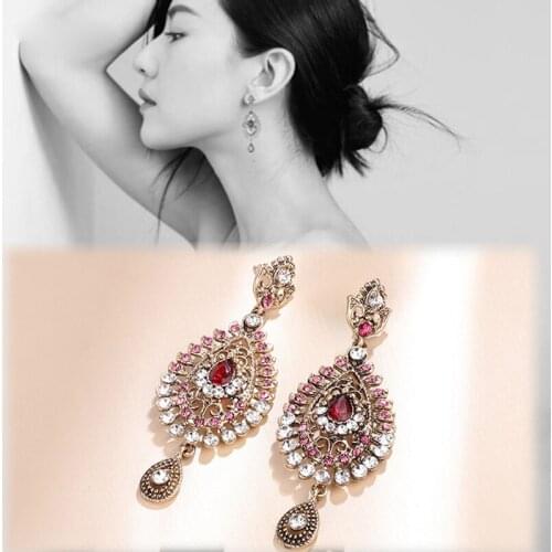 Women Luxury Antique Golden Plated Red/Pink Crystal Rhinestones Hollow out Water Droplet Dangle Hanging Earrings India Jewelry