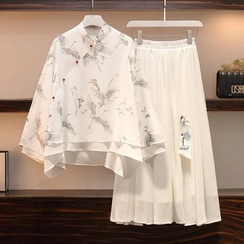 Chinese Style Hanfu Improved Women Clothing Suit Crane Print Buttons Loose Blouse+Pleated Skirt 2 Piece Set 2021 Summer Dress
