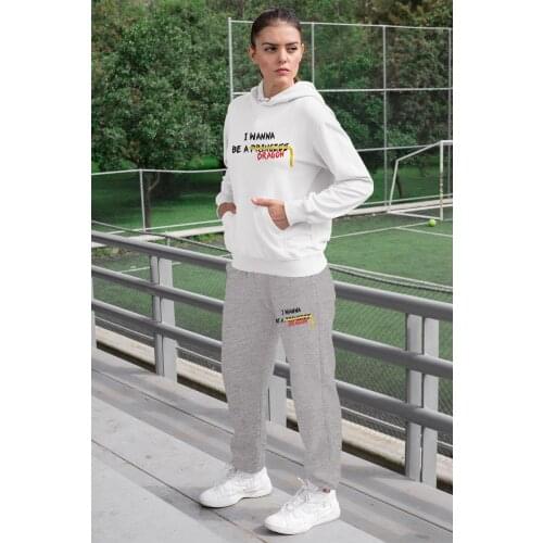 Angemiel Wear I Wanna Be A Dragon Women Tracksuit Set White Hooded Sweatshirt Gray Sweatpants