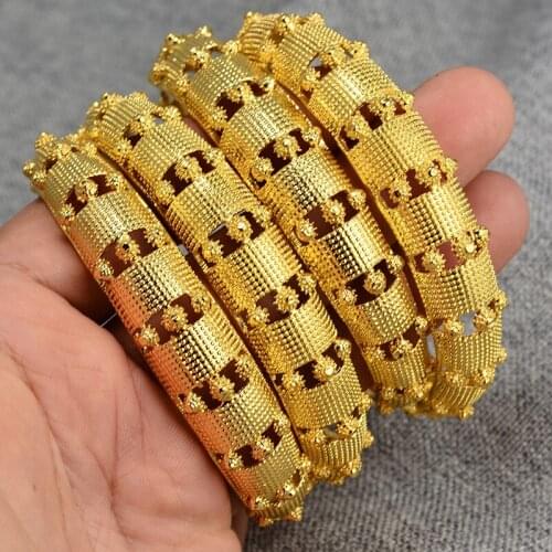 4Pieces Ethiopian Gold Bangle Women Dubai Bride Bracelets African Gold Color Jewelry Middle East Wedding Gift