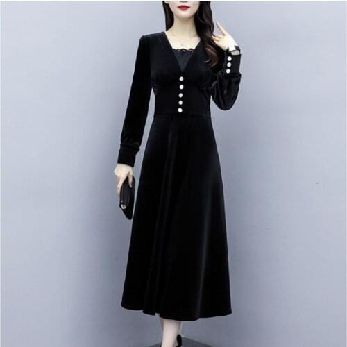 Large size womens gold velvet dress 2020 autumn and winter new v-neck plus velvet thickened long long