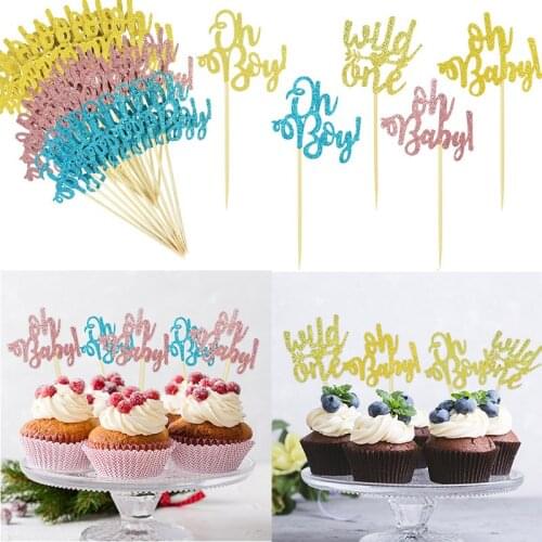 10/20pcs Glitter Wild One Oh Baby Boy Cupcake Toppers Happy Birthday Party Decoration Baby Shower Boy Girl 1st Birthday Supplies