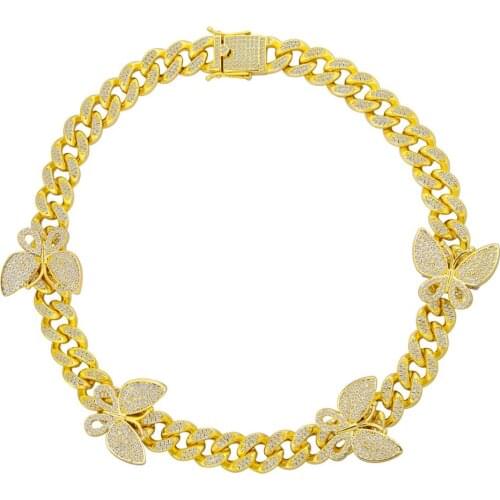 12mm Trendy Hip Hop Butterfly Miami Cuban Chain Iced Out Necklace NCCN0345 Rapper Jewelry Cubic Zirconia Gold Sliver
