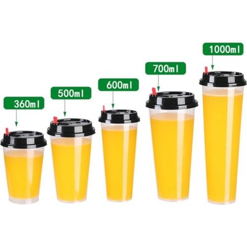 50pcs Transparent milk tea plastic cup high capacity disposable cold drink coffee juice beverage store packaging cups with lid