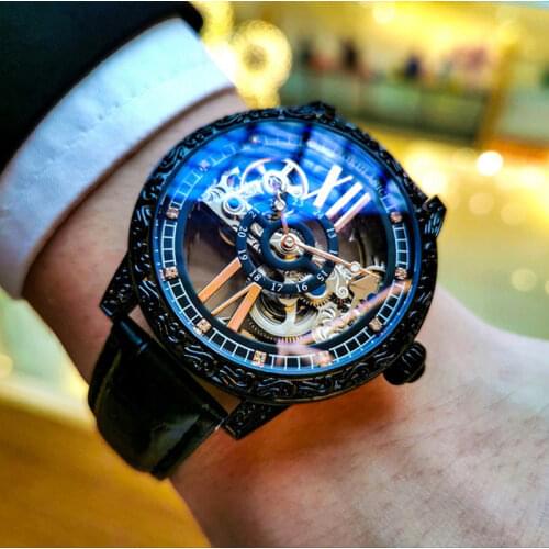 AOKULASIC Fashion Casual Mens Watches Leather Band Mechanical Carved Hollow Tourbillon Wristwatches For Man Watch Luminous