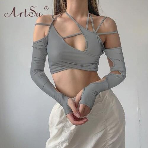 ArtSu Gray Sexy Party Womens Solid Y2K Crop Top Summer Halter Off Shoulder Skinny Bandage Club Tops Streetwear T-Shirt Femme