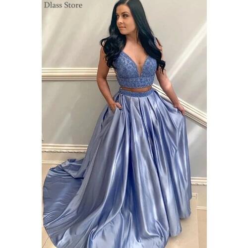 2021 Satin Sleeveless Prom Dress Two Piece V-neck Beads Top Sweep Train Pockets Illusion Evening Dress robe de soirée de mariage
