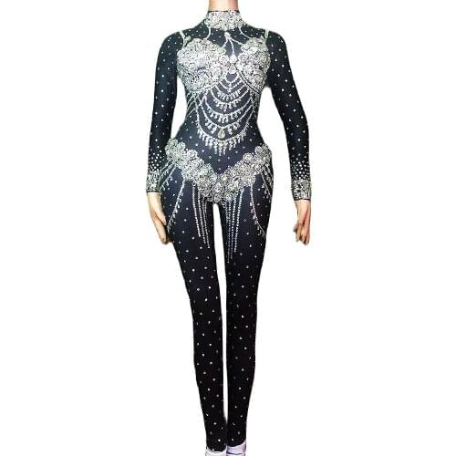 Glisten Diamonds Long Sleeve Leotard Nightclub Bar Prom Party Costumes Singer Jazz Dance Stage Wear Women Stretch Jumpsuits