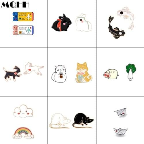 Cartoon cute couple good friend brooch suit animal rabbit fish cat dog pig cloud plane ticket pin alloy badge woman jewelry gift