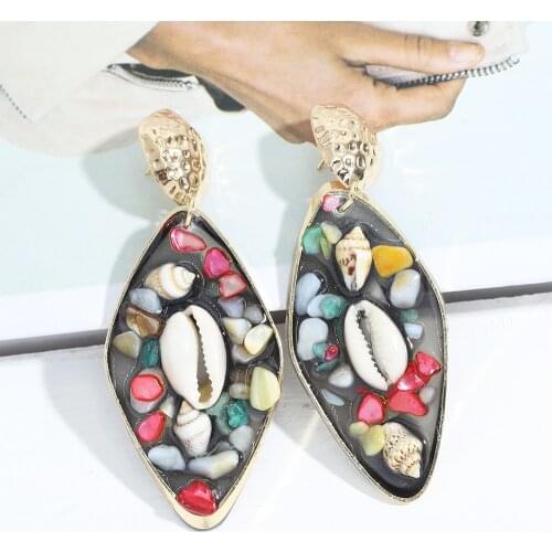 Dvacaman New Style Resin Long Drop Earrings Bohemian Colorful Stones Shell Dangle Earrings for Women Summer Beach Jewelry Party