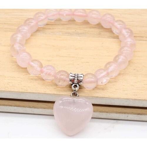 Kraft-beads Silver Plated Love Heart Natural Rose Pink Quartz Connect Round Beads Bracelet For Women Jewelry