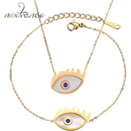 Nextvance Evil Eye Necklace Bracelets Set Shell Blue Eye Bangles Necklaces for Anniversary Gift Boho Jewelry