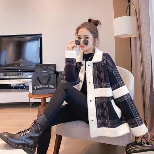 Loose Patchwork Jackets Female 2021 Women Autumn Winter New Short Mink Velvet Coats Ladies Warm Sweater Cardigans Outerwear Tops