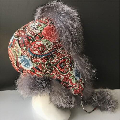 Magicfur - Real Fox Raccoon Fur Russian Hat Winter Cap bomber hats Fur pompom with Earmuff Earflap Aviation Cap
