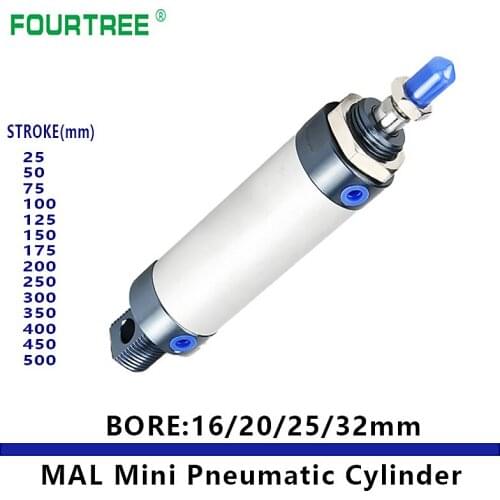 Mini Pneumatic Cylinder MAL Series 16/20/25/32mm Bore 25/50/75/100/200/300/400/500mm Stroke Single Lever Industrial Automation