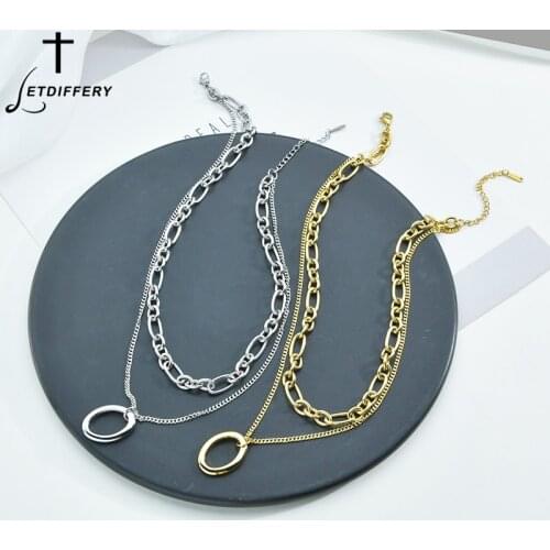 Letdiffery New Fashion Multi-Layer PunK Chain Oval Pendant Necklace Stainless Steel Silver Color for Women Jewelry Party Gifts