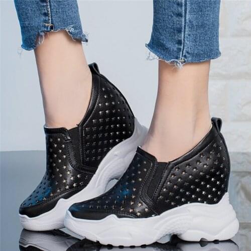 Fashion Sneakers Women Genuine Leather Wedges High Heel Ankle Boots Female Breathable Pumps Shoes Casual Shoes Summer Creepers
