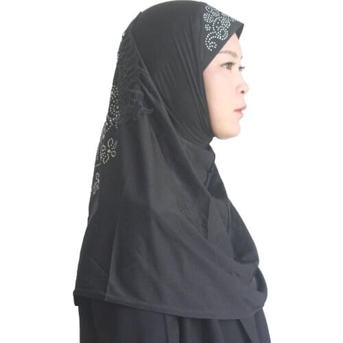 Muslim Woman Girls Hijab Islamic Hijab Scarf One Piece Amira Fashion Ice Silk Material Diamonds Flower Pattern Wholesale