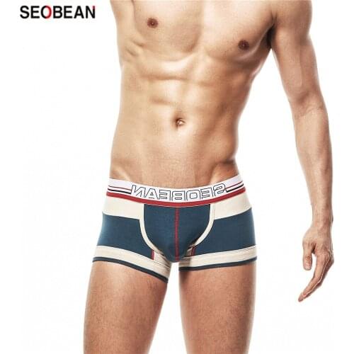 SEOBEAN Hot Sale Mens Underwear Cotton Breathablue Patchwork Tide Male Sexy Trend U-pouch Bag Push Up Male Boxers