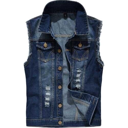 Men Ripped Vest Sleeveless Jacket with Tassel Casual Slimming Denim Jeans Vest Korean Style Cotton Waistcoat Plus Size S-6XL