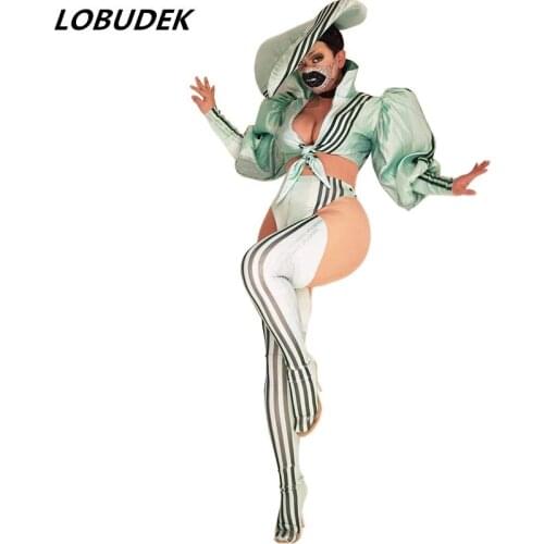 Bar Stage Wear New Jazz Modern Dance Costume Sexy Stripes Tops Shorts Hat Outfit Women Singer Dancer DJ DS Performance Clothes