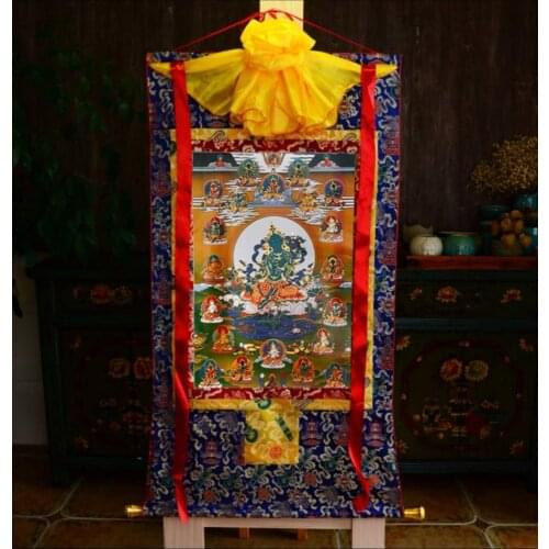 Wholesale Buddhist supplies-87CM Buddhism HOME WALL Decor ART silk holy Buddha Green tara Thang-ga Thangka Buddha painting