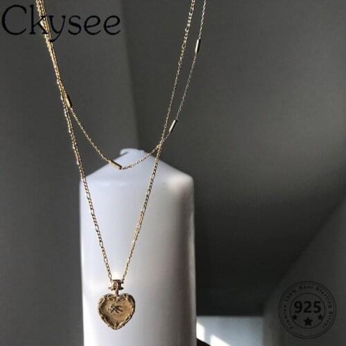 Ckysee 925 Sterling Silver Necklace Gold Color Double Heart Pendant Necklace For Fashion Women Girlfriend Simple Charms Jewelry