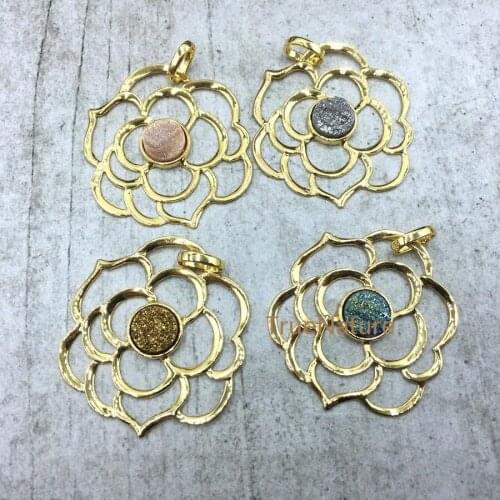Flower Pendant With Stone Colorful Titanium Druzy Crystal Quartzs Gold Brass Pendant 4 Colors In 40 mm PM4801